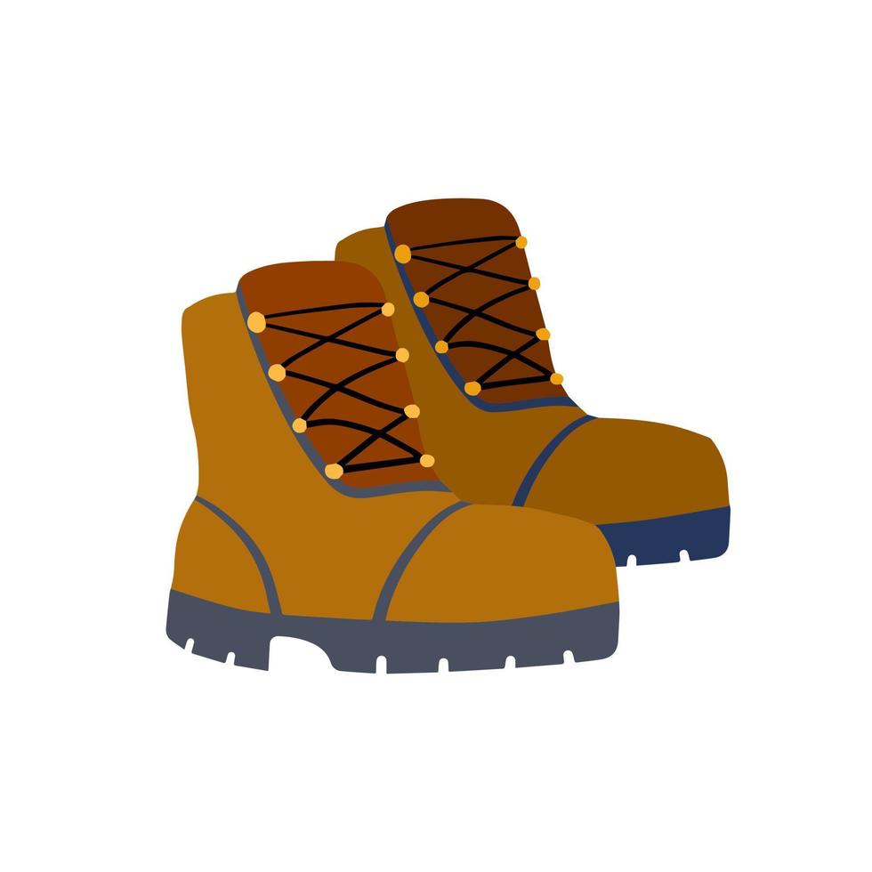 Hiking boots. Sturdy brown leather travel shoes. Traveler clothing item. Doodle cartoon vector