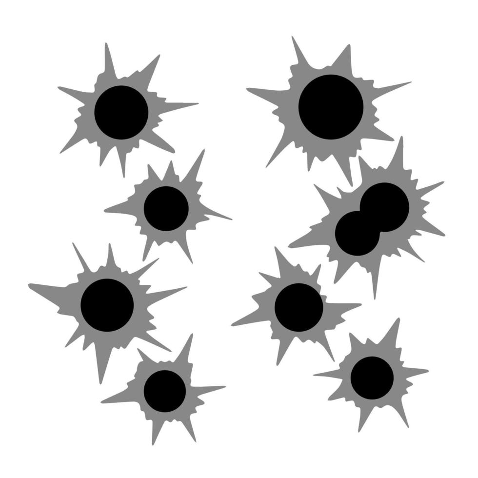 Bullet holes. Torn of gunshot hitting the wall. Template of shooting. Flat illustration isolated on white vector