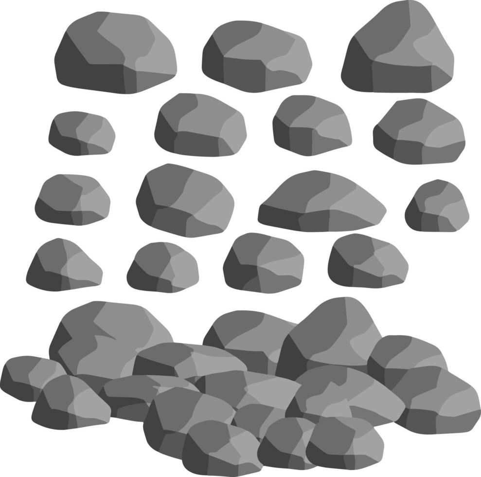 Set of gray granite stones of different shapes. Element of nature, mountains, rocks, caves. Minerals, boulder and cobble isolated on white vector