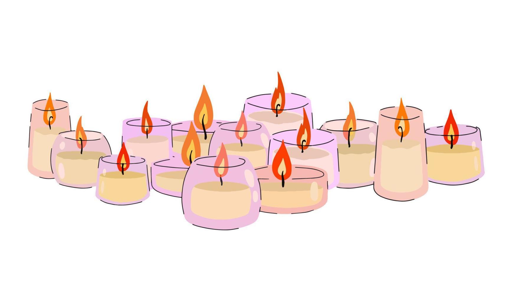 Scented candles in glass jar. Set of Romantic Flame and fire in decorative glass. Doodle cartoon isolated on white background vector