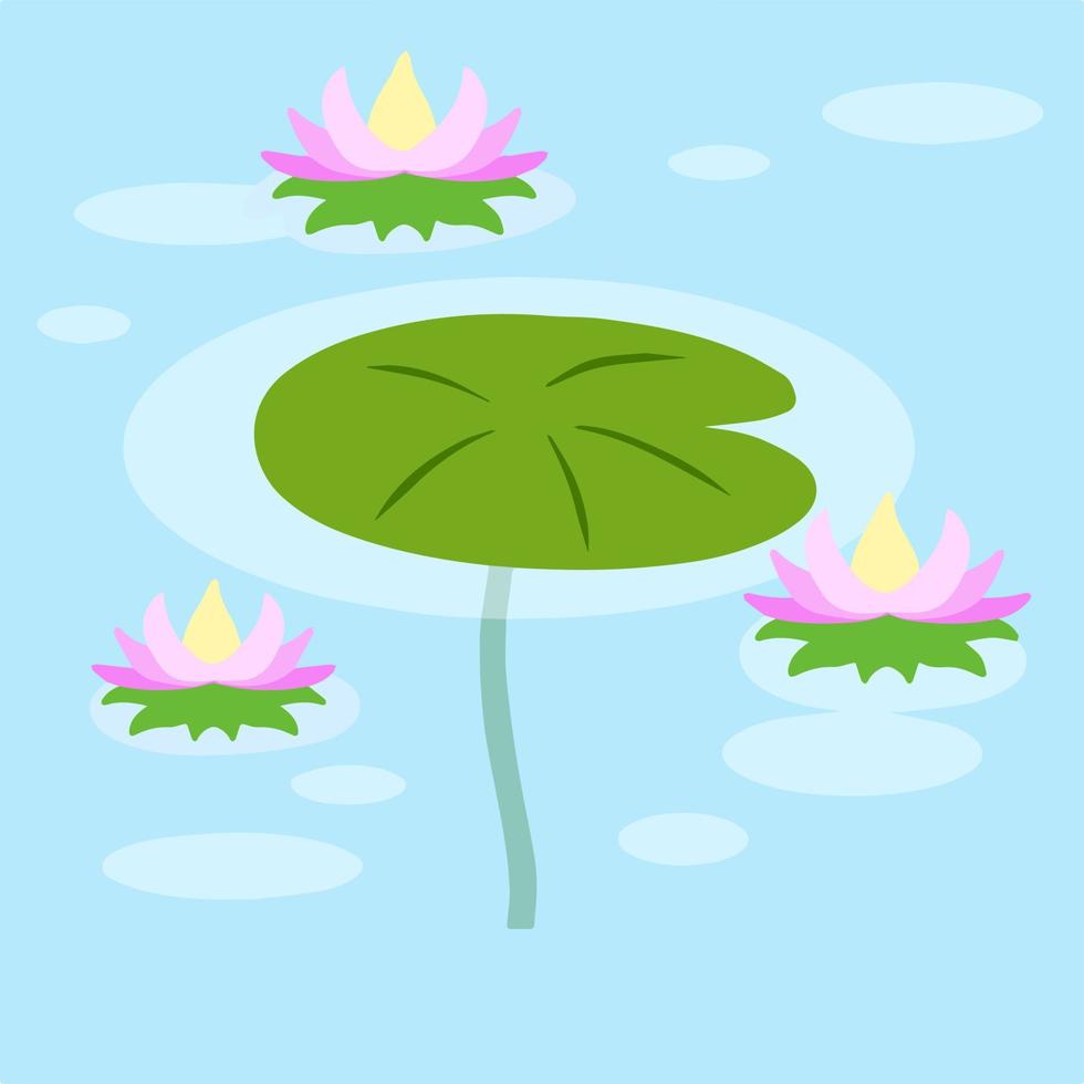 Water lily in pond. River plant. Green leaves on water. Nature of swamp, scenery of lake. Flat cartoon vector