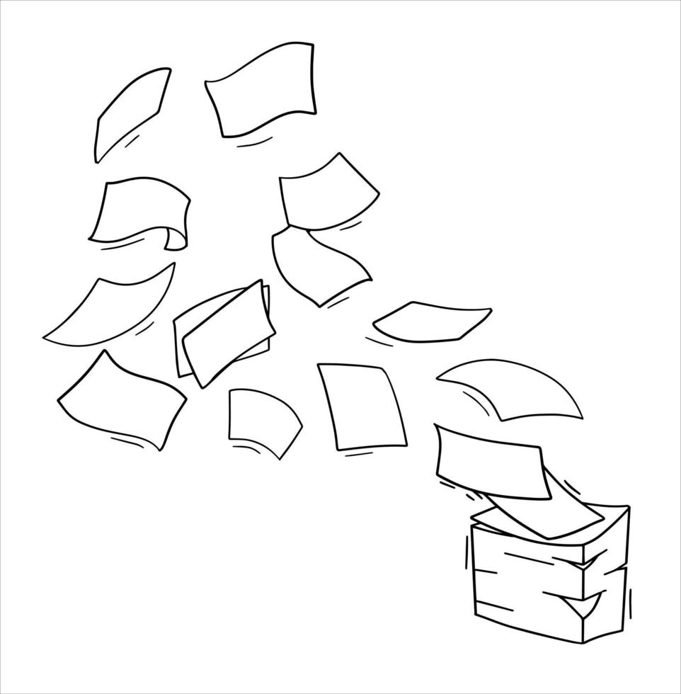 papel volador. hoja en blanco. objeto lanzado. basura blanca. ilustración plana de dibujos animados. pila y pila de documentos. elemento de oficina. vector