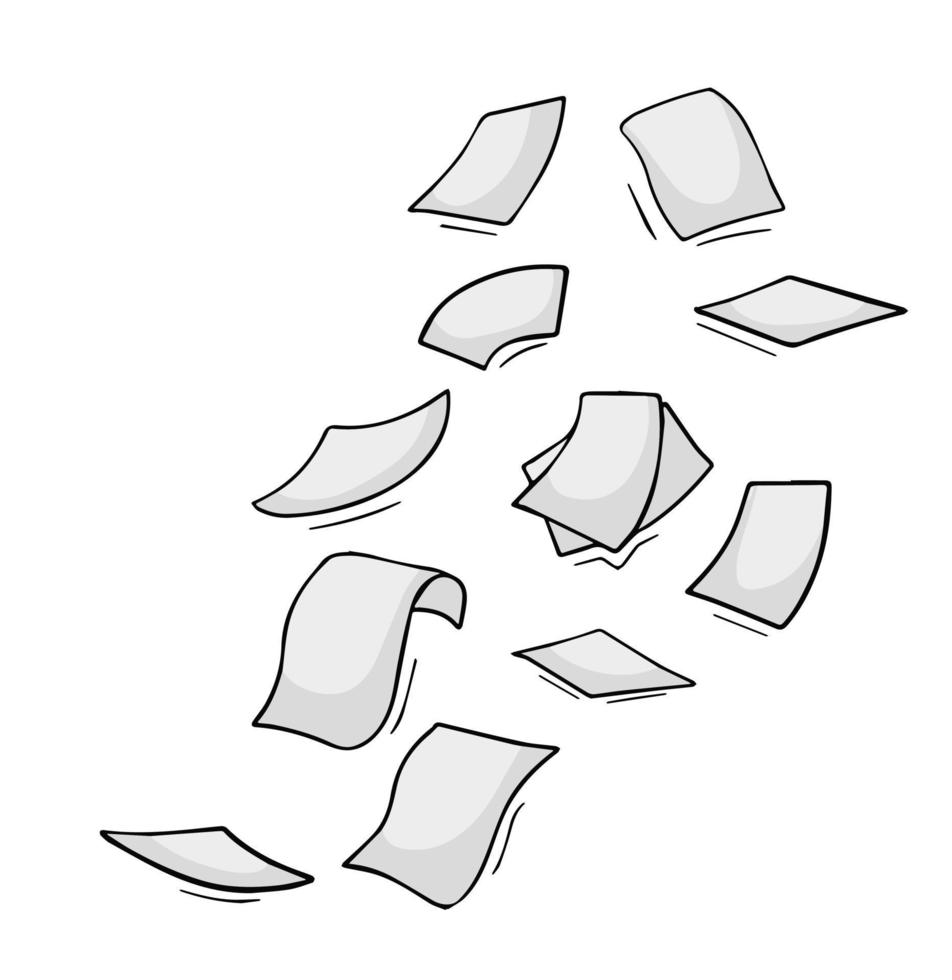 Paper files of documents fall down. Flying sheets. Blank sheet. Office element. Thrown object. White trash. Cartoon outline illustration vector