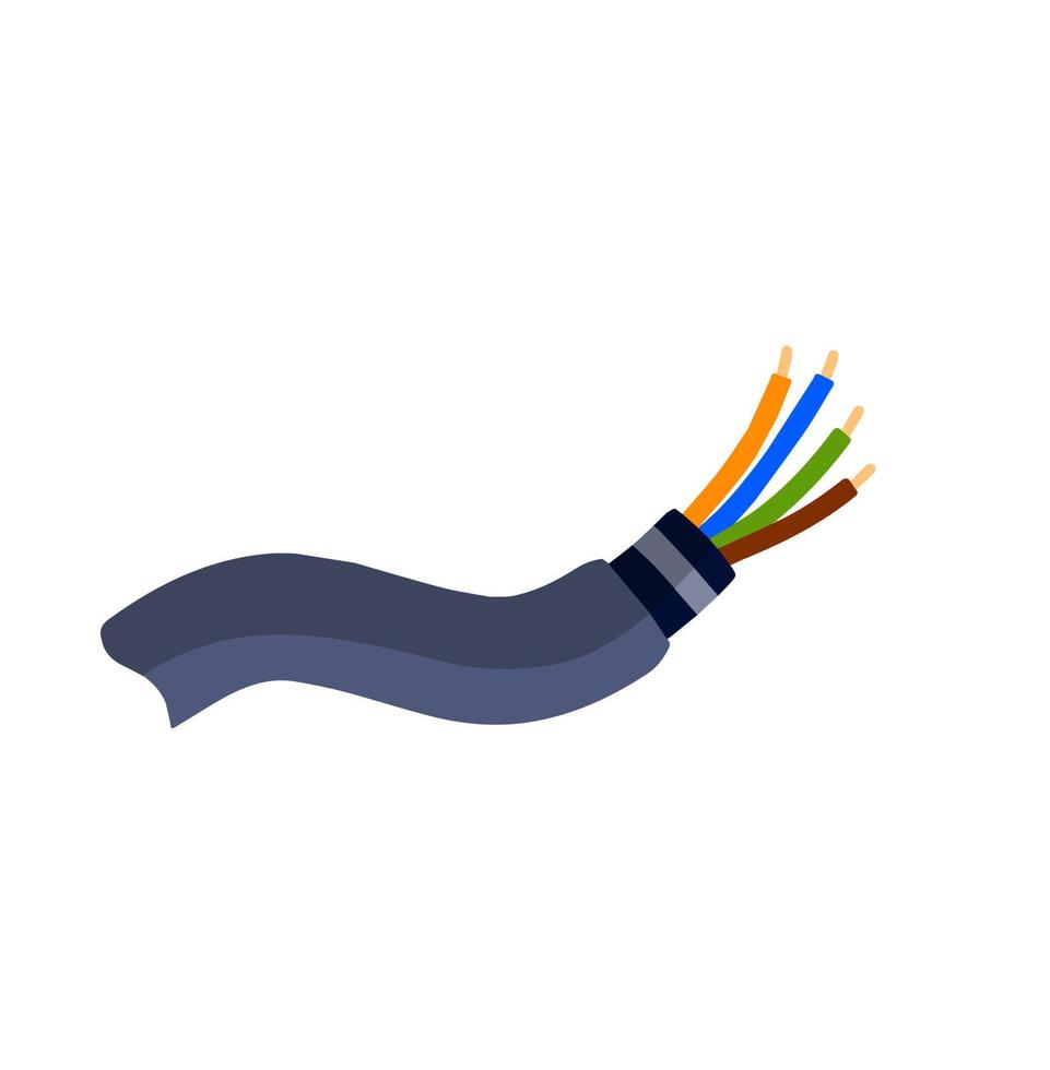 Internet cable. Flexible coaxial cord with copper core in colored braid. Electronic component of computer. vector