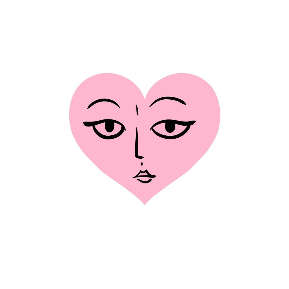 Hand-drawn heart. Pink symbol of romance with face and eyes. Doodle relationships, romance and Valentine Day. Sketch cartoon vector
