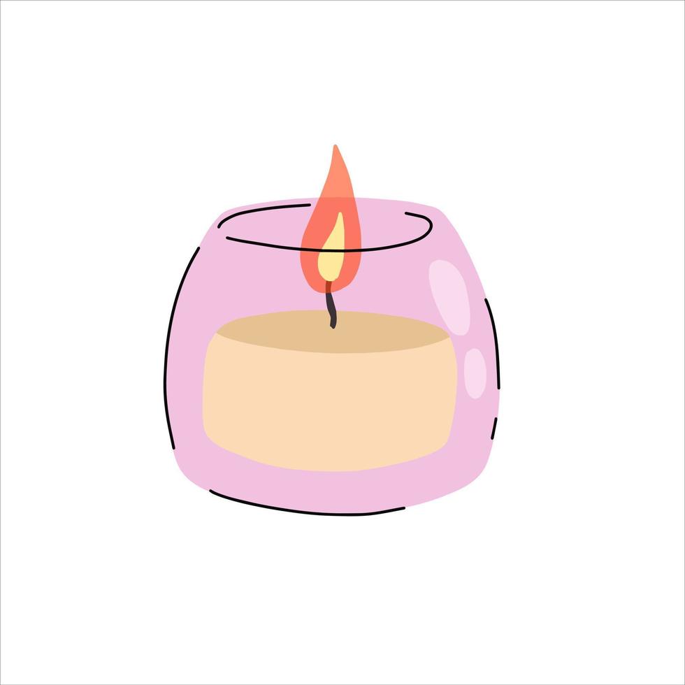 Scented candles in glass jar. Romantic Flame and fire in decorative glass. Doodle cartoon isolated on white background vector