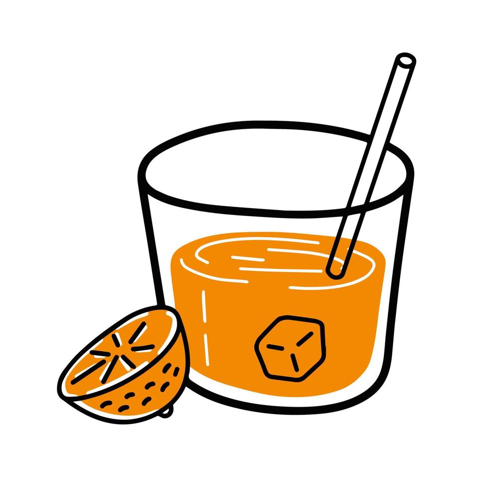 Orange juice. Glass of fresh drink. Thirst quenching and summer cocktail. Trendy outline cartoon vector