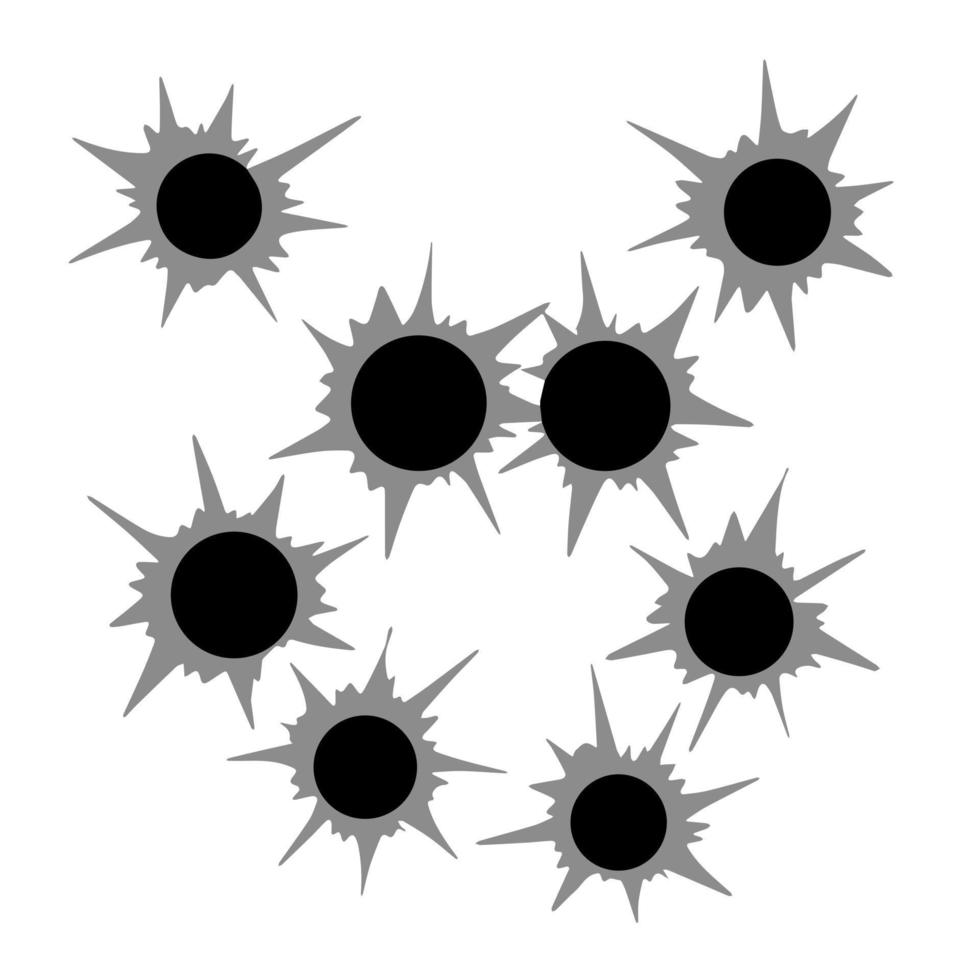 Bullet holes. Torn of gunshot hitting the wall. Template of shooting. Flat illustration isolated on white vector