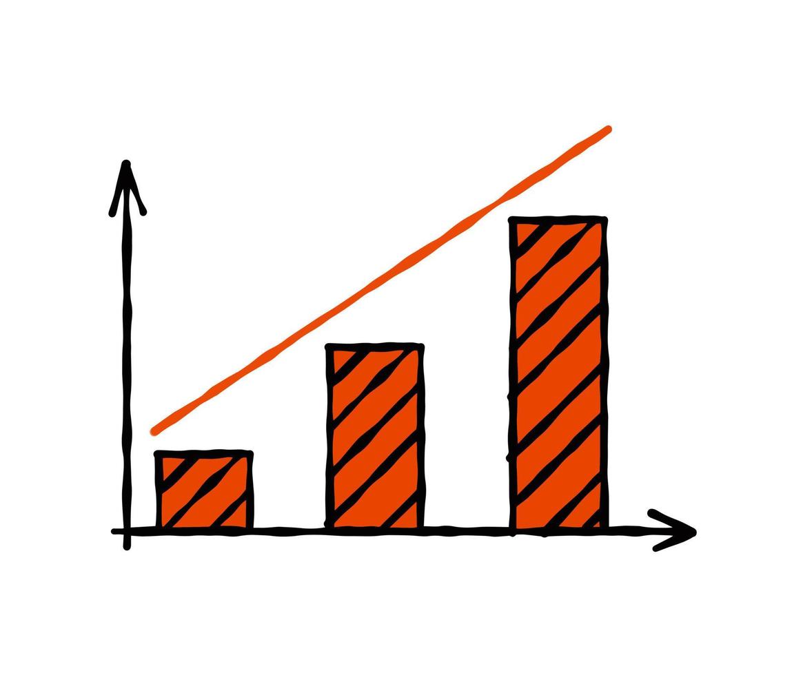 gráfico de crecimiento empresarial y columnas. analítica y análisis de datos. gráfico de garabatos. esquema boceto ilustración de dibujos animados vector