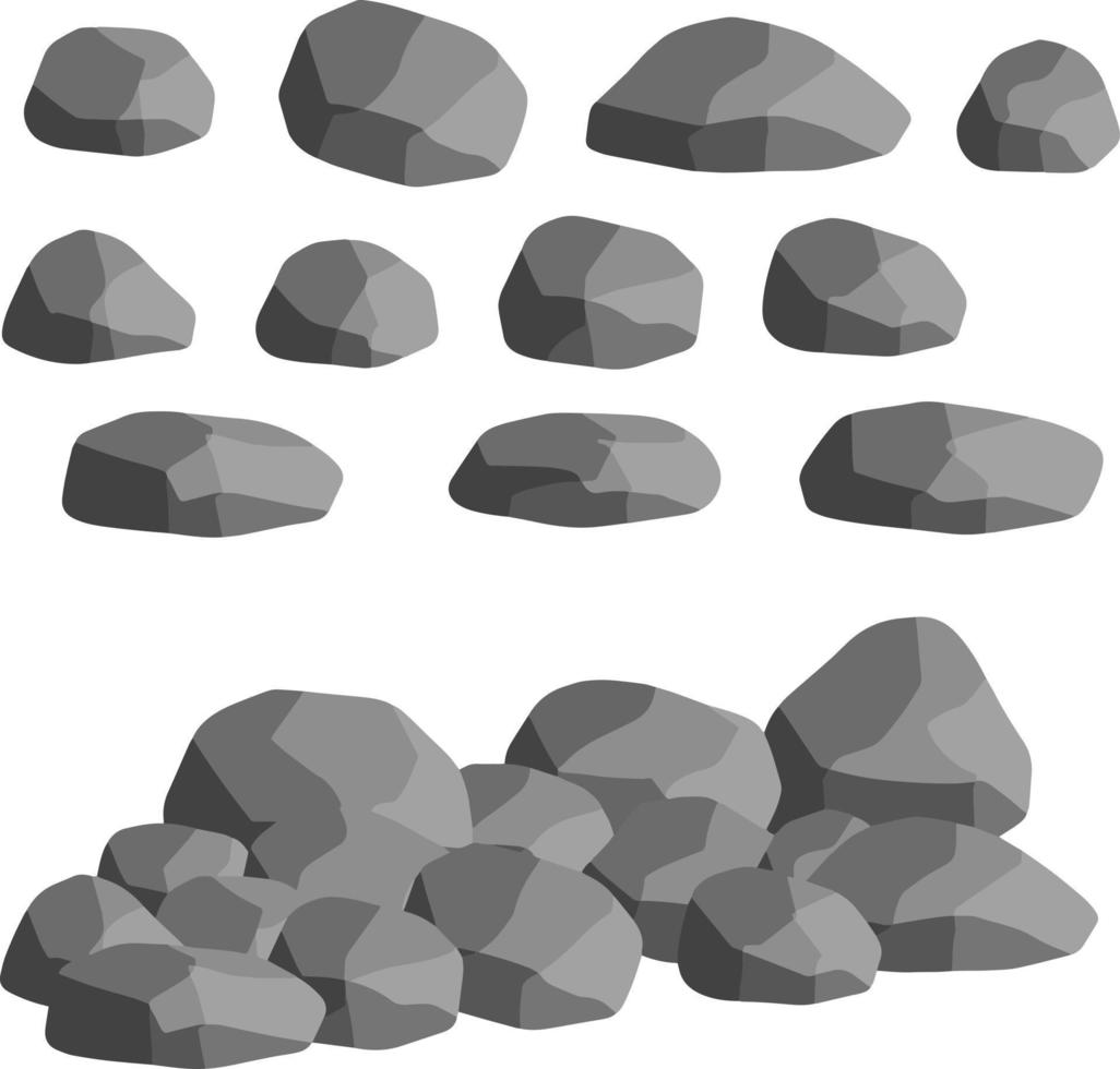 Set of gray granite stones of different shapes. Element of nature, mountains, rocks, caves. Minerals, boulder and cobble isolated on white vector
