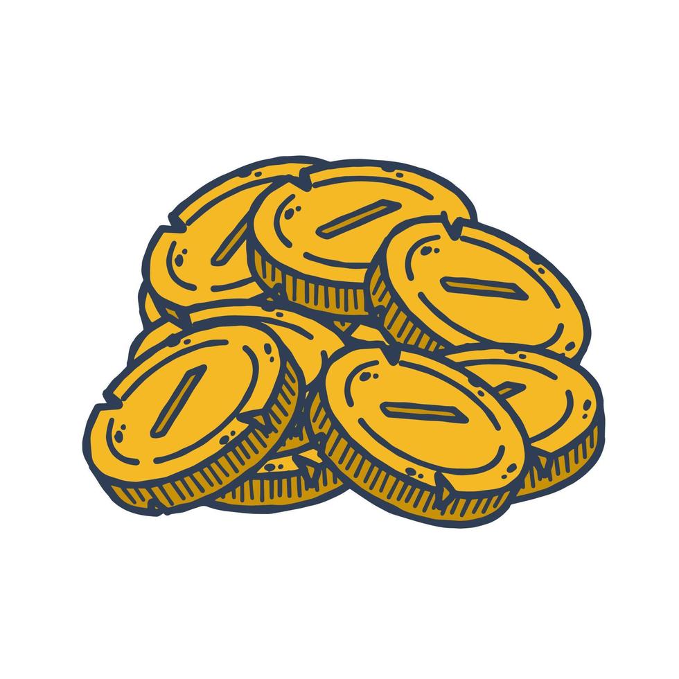 PIle of gold coins. Outline cartoon Icon of money and treasure. Concept of earnings and wealth vector