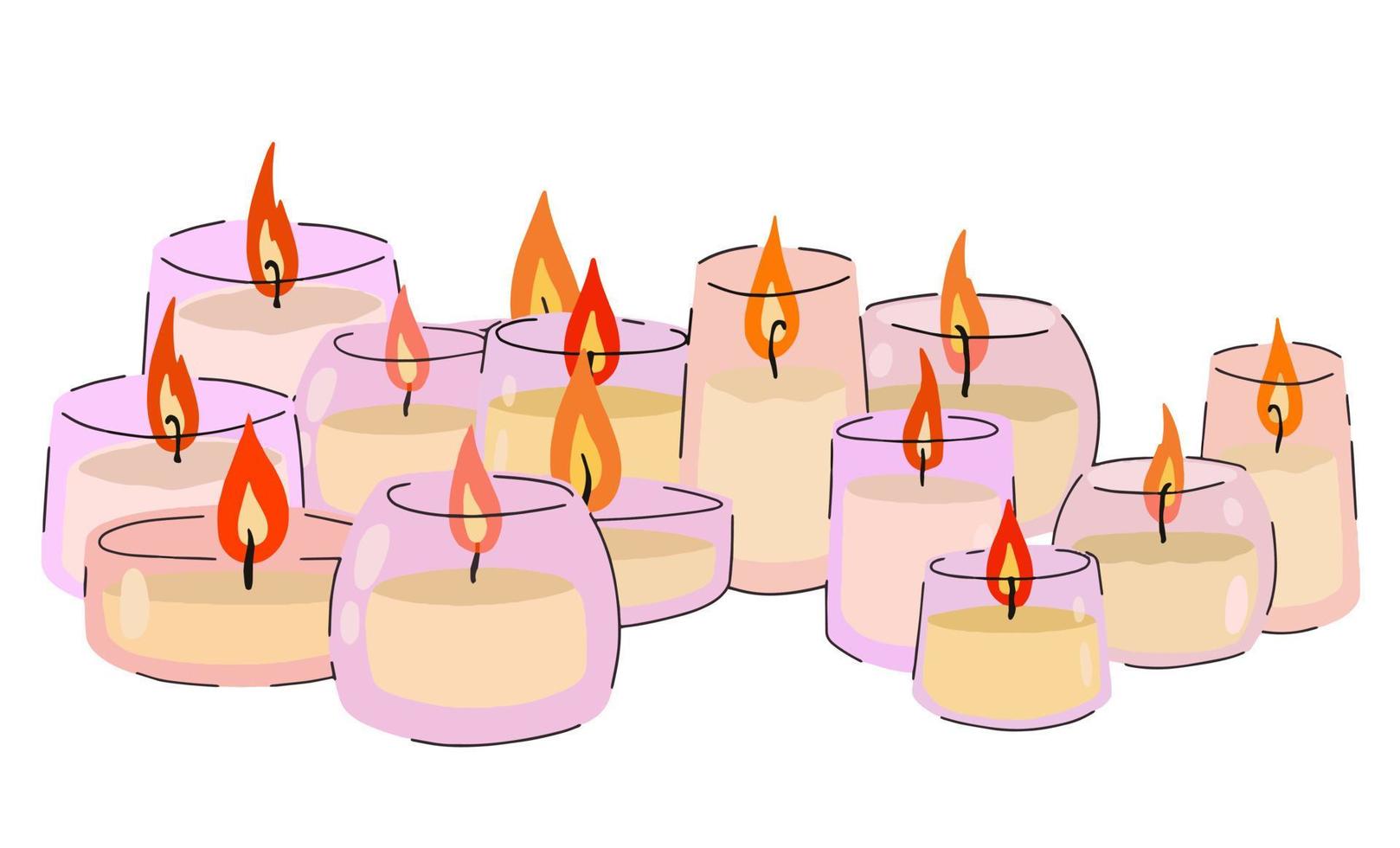 Scented candles in glass jar. Set of Romantic Flame and fire in decorative glass. Doodle cartoon isolated on white background vector