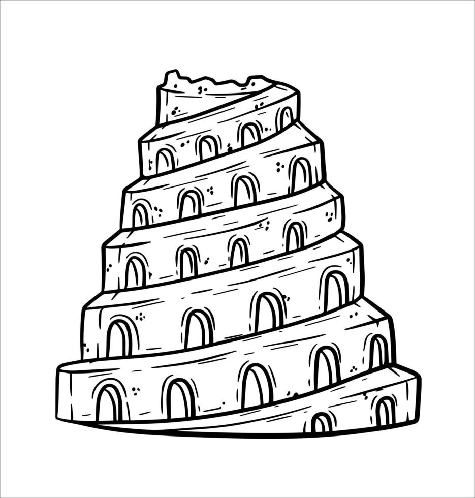 Tower of Babel. Ancient city Babylon of Mesopotamia and Iraq. Biblical story. Sumerian civilization. History and archaeology. Hand drawn sketch isolated on white vector