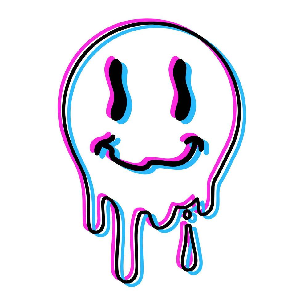 Acid smile face. Melted rave and techno symbol of 90s. Trendy Psychedelic print vector