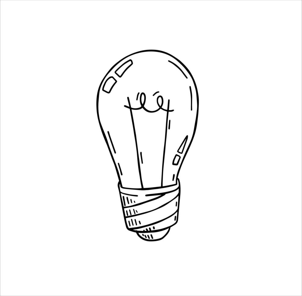 bombilla. boceto dibujado dispositivo eléctrico. ilustración en blanco y negro. idea y concepto de iluminación de garabatos de dibujos animados. solucion y creativo vector
