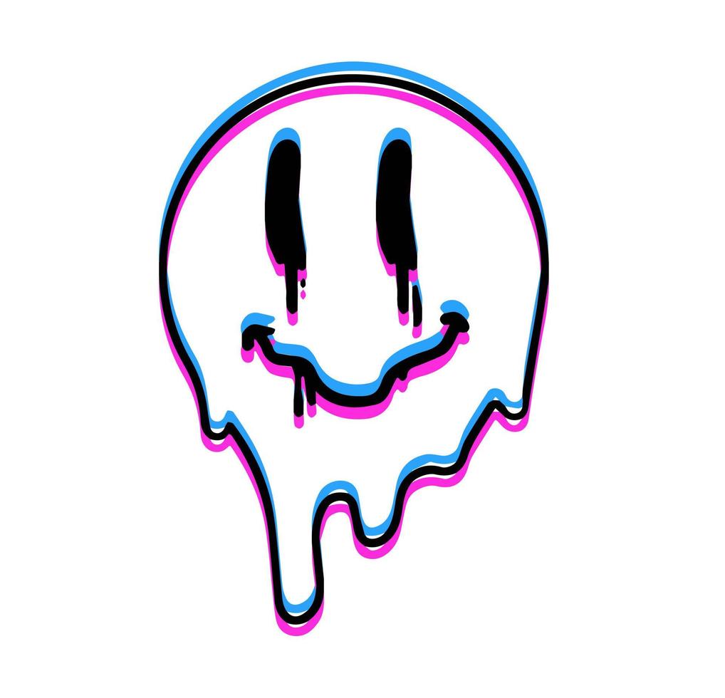 Acid smile face. Melted rave and techno symbol of 90s. Trendy Psychedelic print vector