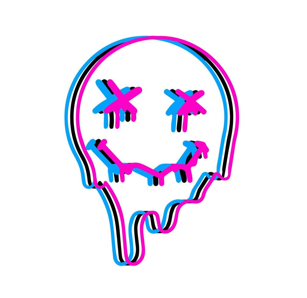 Acid smile face. Melted rave and techno symbol of 90s. Trendy Psychedelic print vector