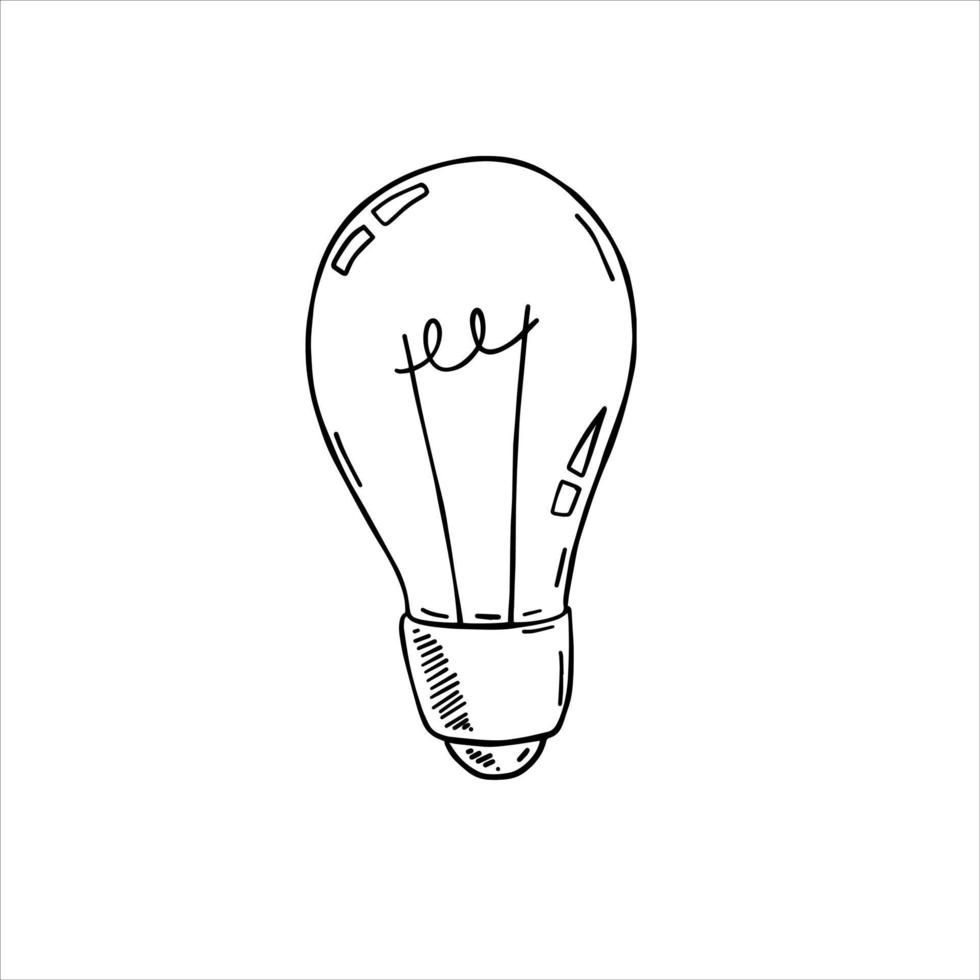 Light Bulb. Sketch drawn electric device. Black and white illustration. Cartoon doodle lighting concept and idea. Solution and creative vector