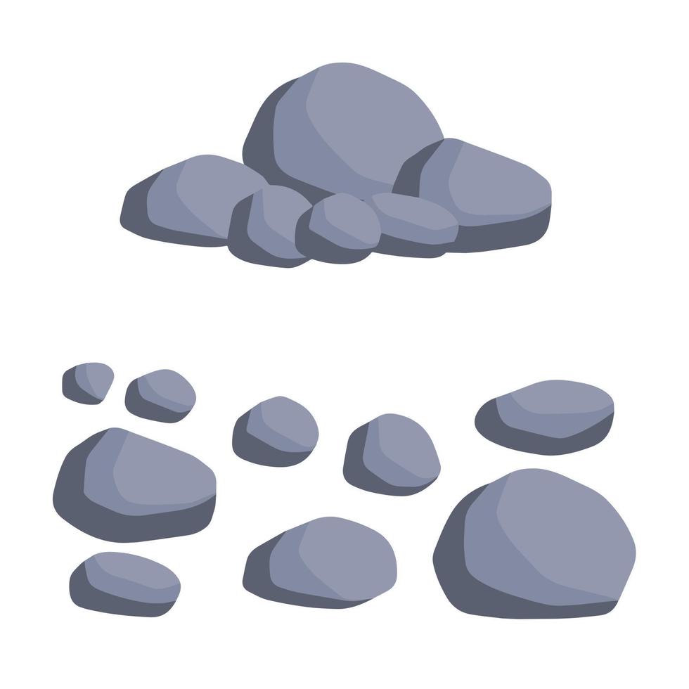 Set of stones. Pile of cobblestones. Gray geological minerals. Heavy wall construction material. Large blocks vector