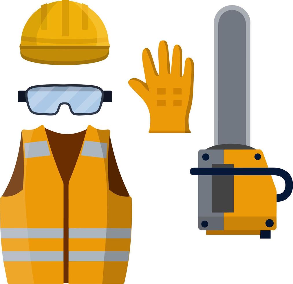 Set of clothes Builder and worker. Cartoon flat illustration. Chainsaw of lumberjack. Vest, helmet, glasses, gloves. Repair and maintenance. Safety and tools for cutting trees vector