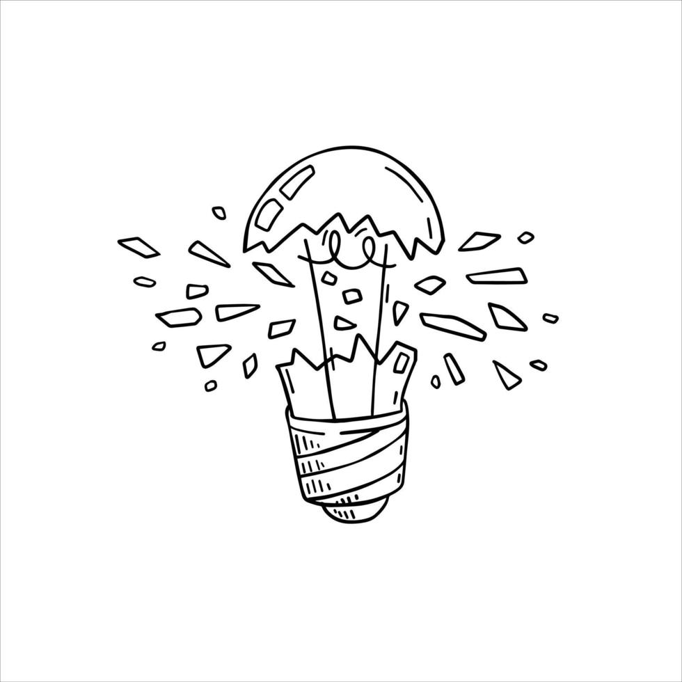 Burst light bulb. Crack in lightbulb. Sketch Shards of glass. Concept of idea and solution of problem. Doodle drawn Electric light. vector