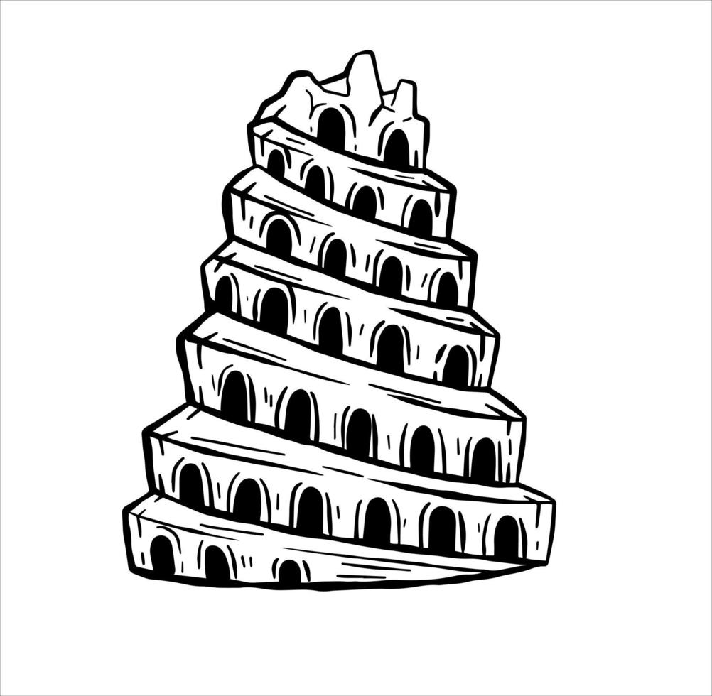 Tower of Babel. Ancient city Babylon of Mesopotamia and Iraq. Biblical story. Sumerian civilization. History and archaeology. Hand drawn sketch isolated on white vector