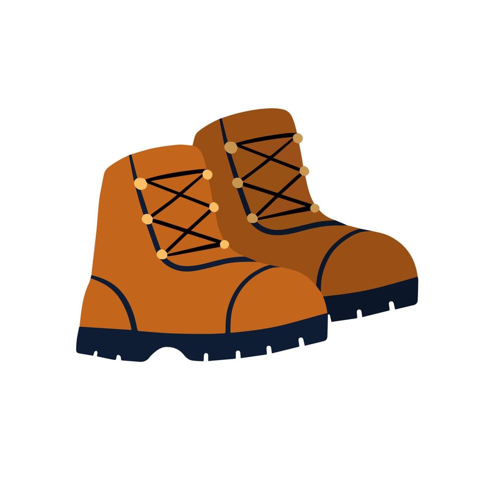 Hiking boots. Sturdy brown leather travel shoes. Traveler clothing item. Doodle cartoon vector