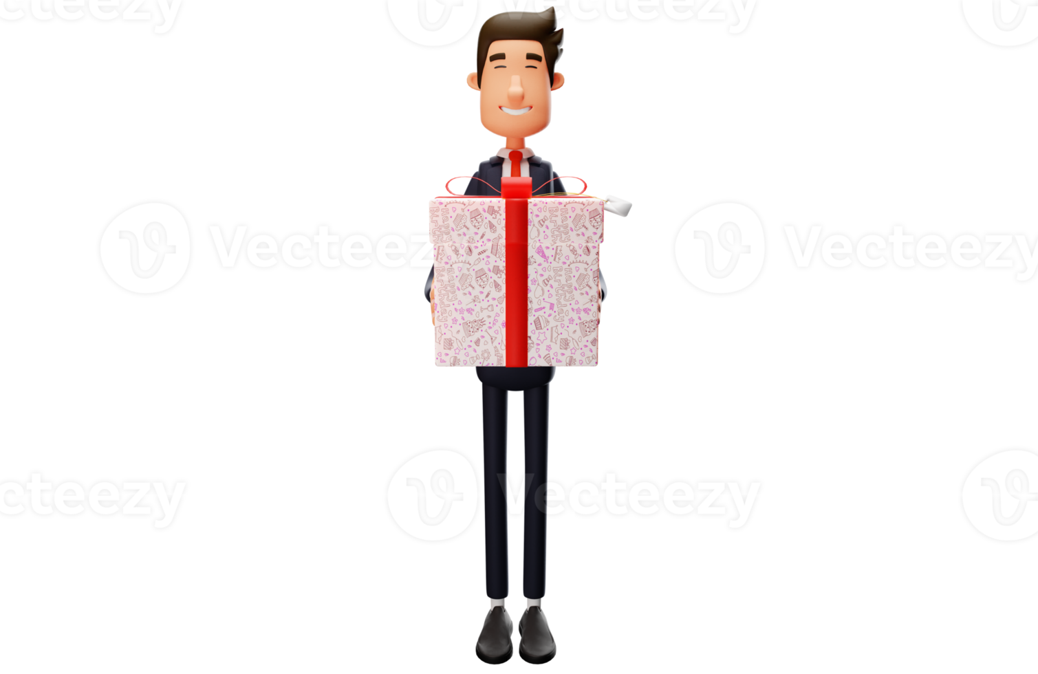 3D illustration. Romantic young Businessman 3D Cartoon Character. Young cute smiling businessman carrying big gift box in both hands. 3D Cartoon Character png