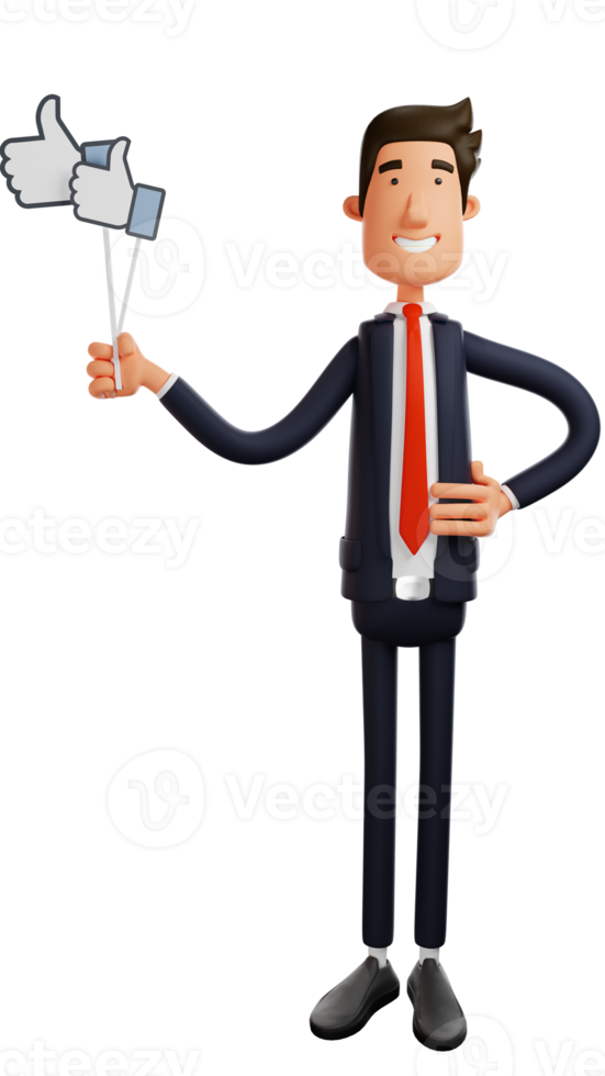 3D illustration. Handsome Office Worker Cartoon 3D Character. Stand up straight and smile broadly. Office worker holding two thumbs up sign. 3D Cartoon Character png