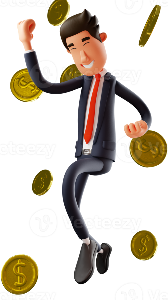 3D illustration. Happy 3D Young Businessman Cartoon Character. Young businessman jumping happily and surrounded by lots of gold coins. 3D Cartoon Character png