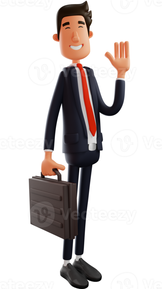 illustration 3d. beau personnage de dessin animé d'employé de bureau en 3d très soigné et souriant joyeusement. il est prêt à aller au bureau. il portait une valise et agitait la main. personnages de dessins animés 3d png