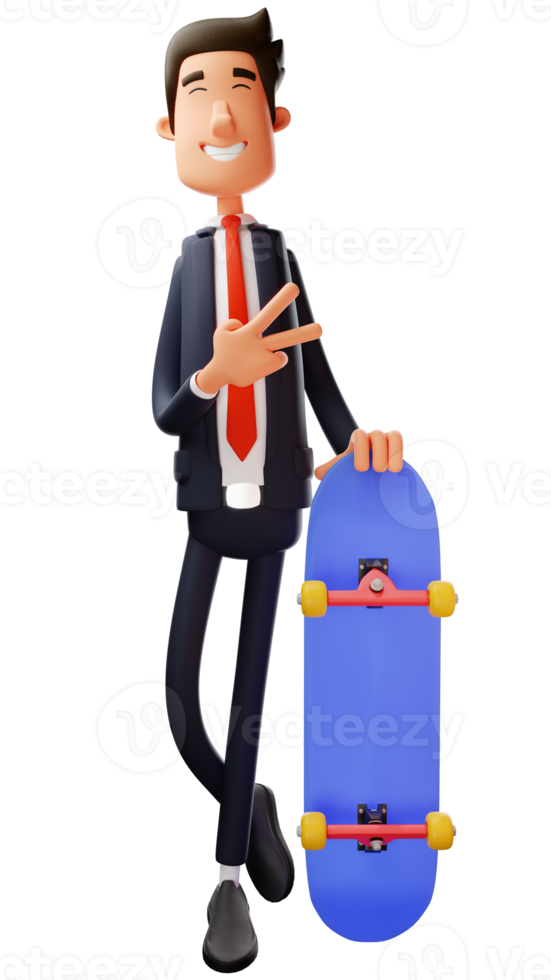 3D illustration. Cool Office Worker Cartoon 3D Character. He smiled and showed a peace sign. Office worker standing with skateboard. 3D Cartoon Character png