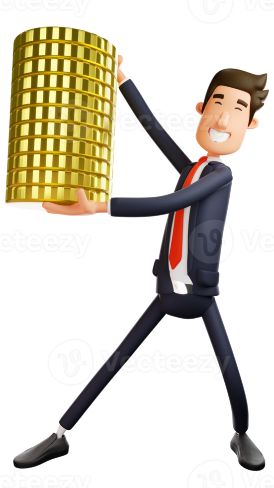 3D illustration. Successful young Businessman 3D Cartoon Character. Young businessman smiling proudly showing off his pile of gold coins. 3D Cartoon Character png