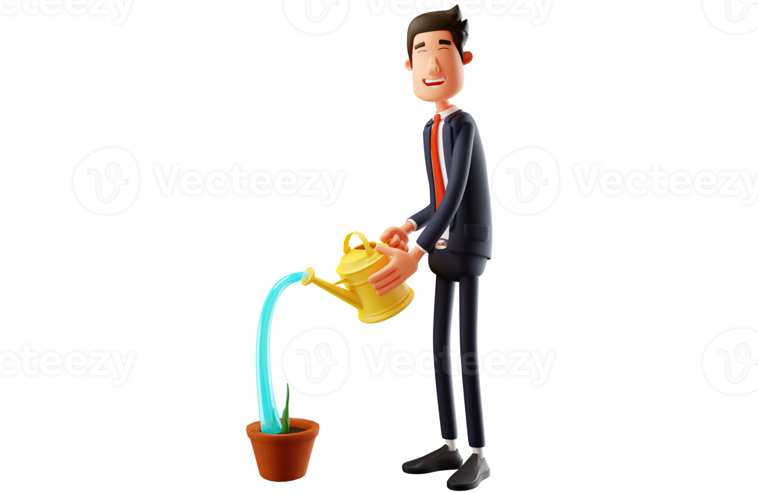 3D illustration. Diligent Office Worker Cartoon 3D Character. He smiled widely while watering the plants in the pots. 3D Cartoon Character png