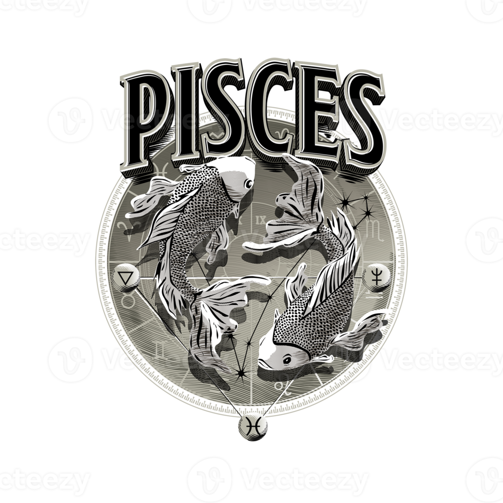 PISCES. Astrology. zodiac. Horoscope symbol in circle. Illustration with relief engraving technique. png