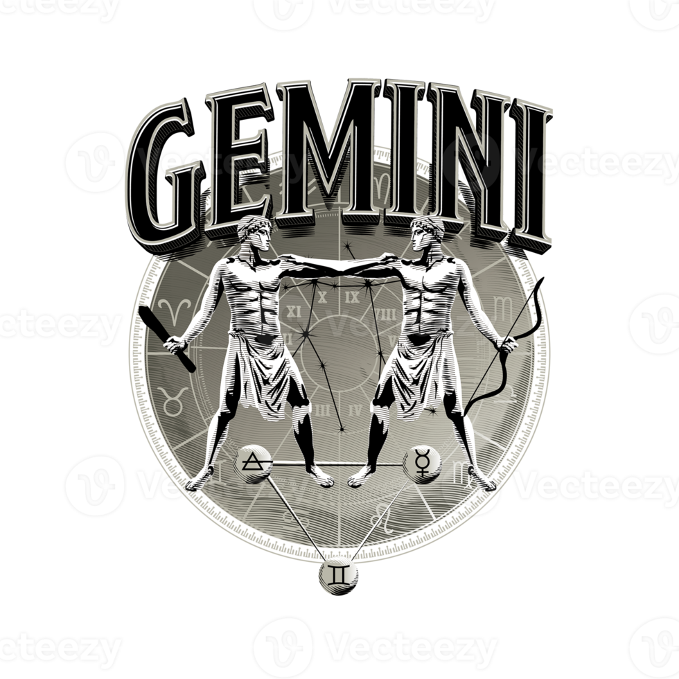gemini. astrologi. zodiaken. horoskop symbol i cirkel. illustration med lättnad gravyr Metod. png