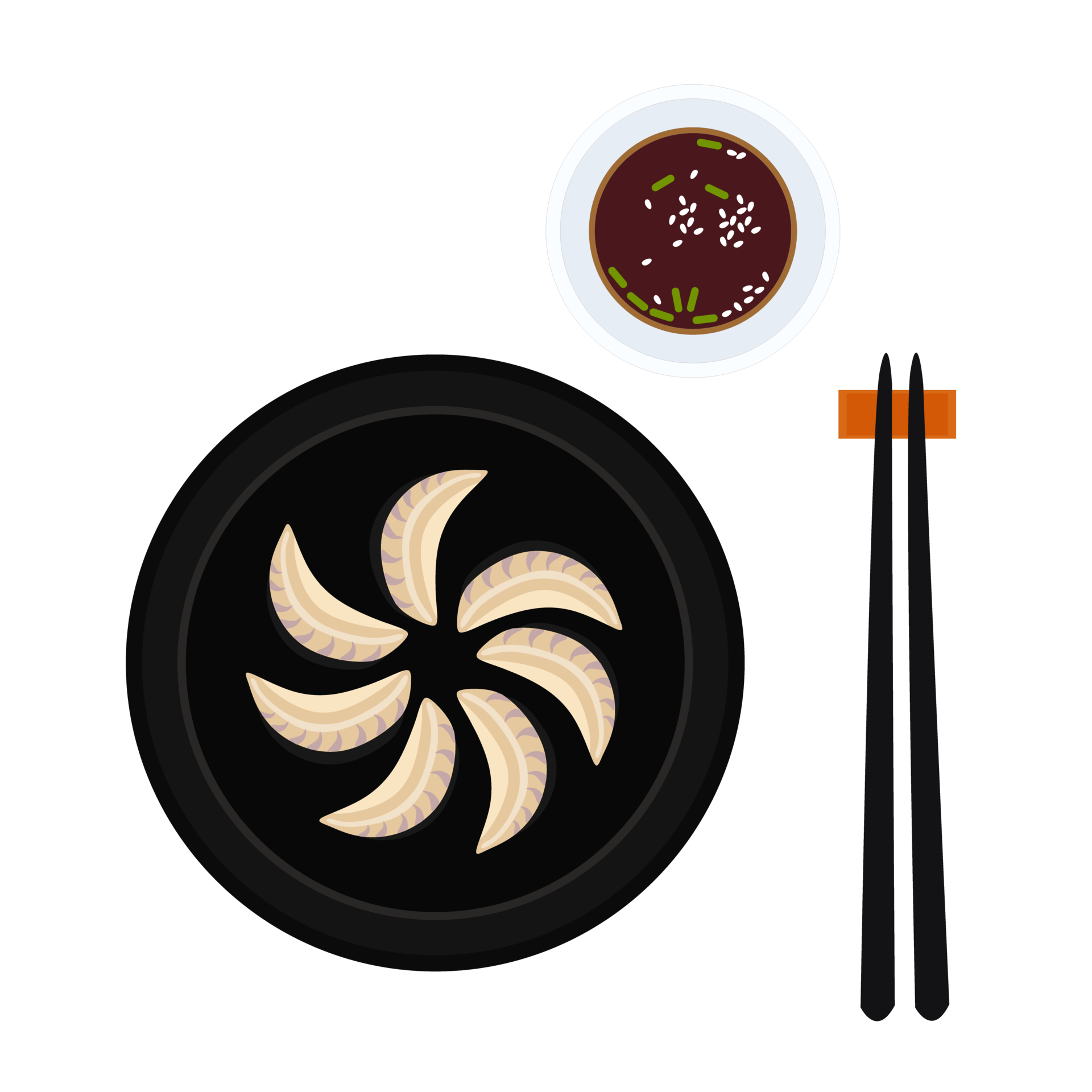 Dumpling food on black plate, soy sauce and chopstick 16721591 PNG
