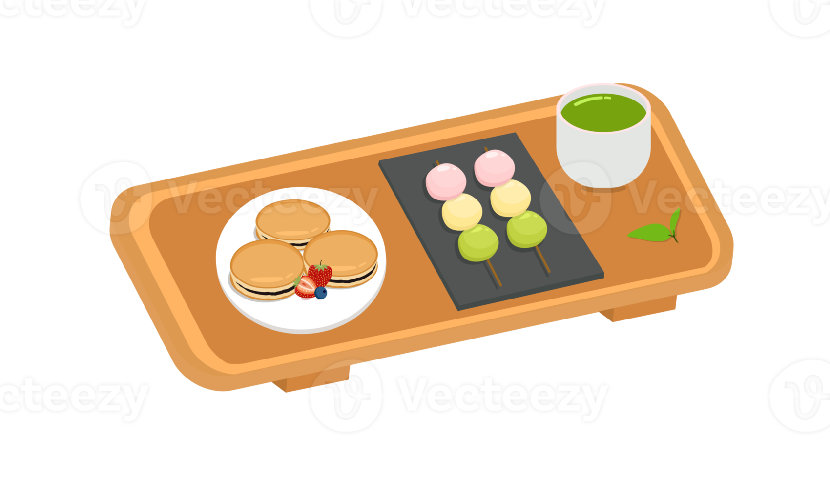 Dorayaki, dango and matcha tea with wooden serving tray png