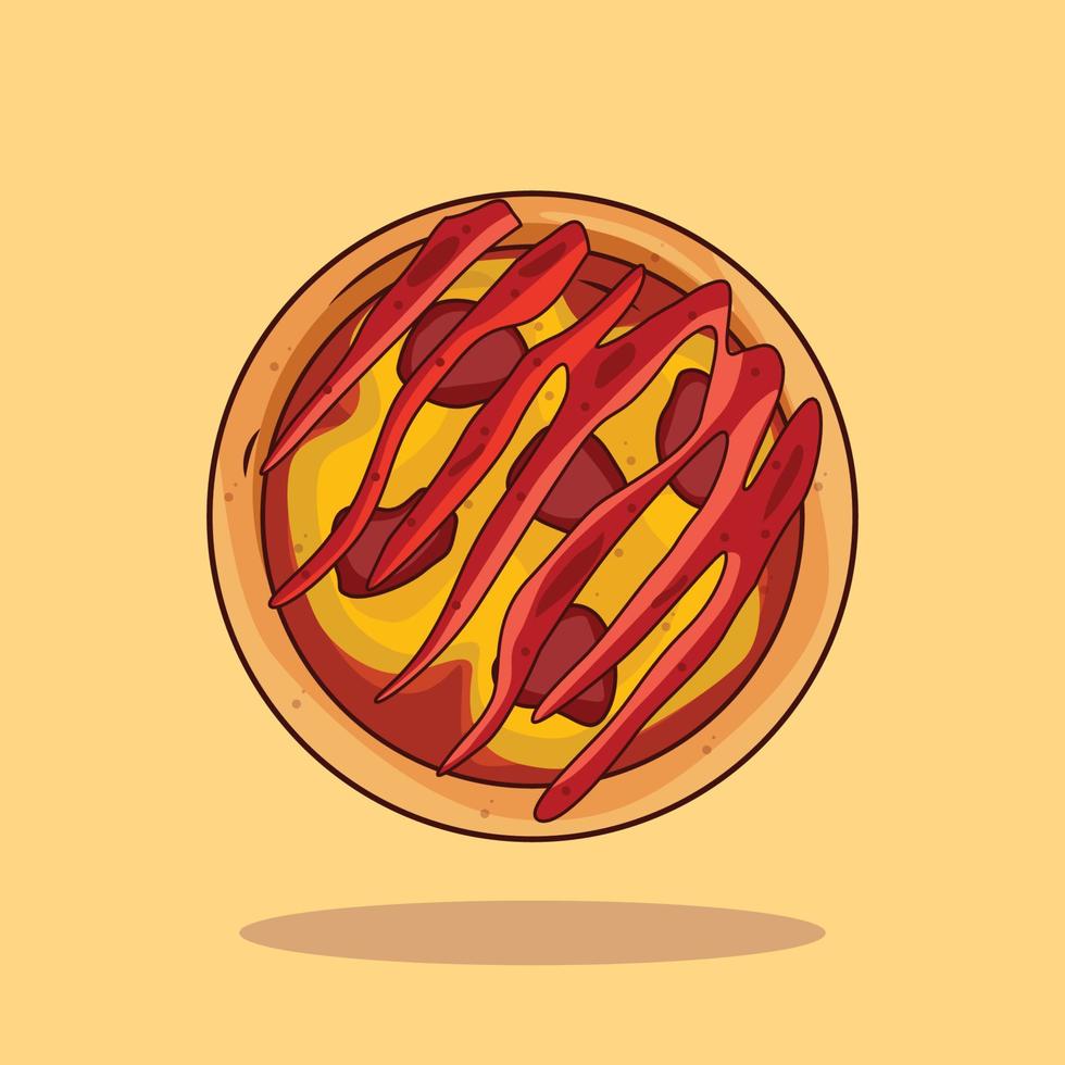 Fresh pizza , cheese,sausage, onion, basil. Traditional italian fast food. Top view meal vector