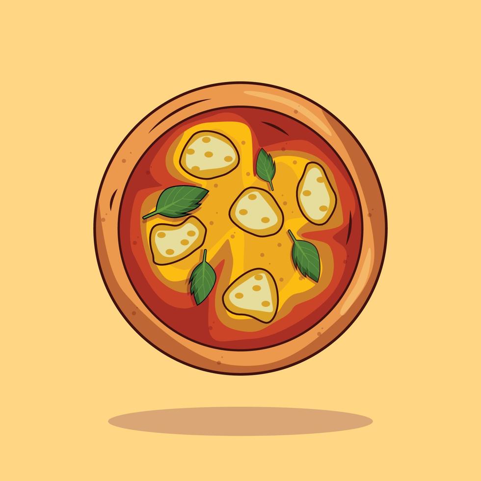 Fresh pizza , cheese,sausage, onion, basil. Traditional italian fast food. Top view meal vector