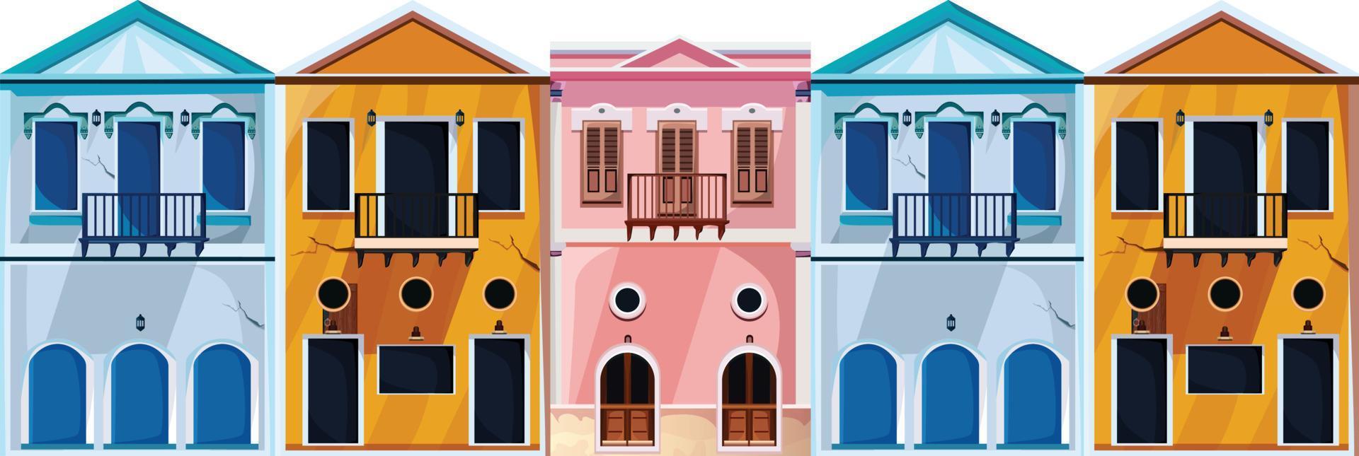 fachada de casa con puertas y ventanas, ilustración vectorial de dibujos animados. vector