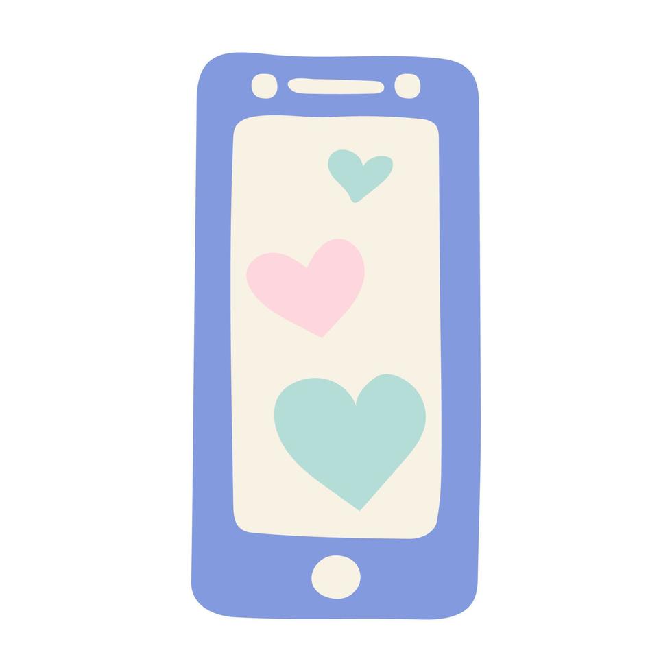 Mobile phone with hearts on the screen. Valentines Day Card. Vector illustration