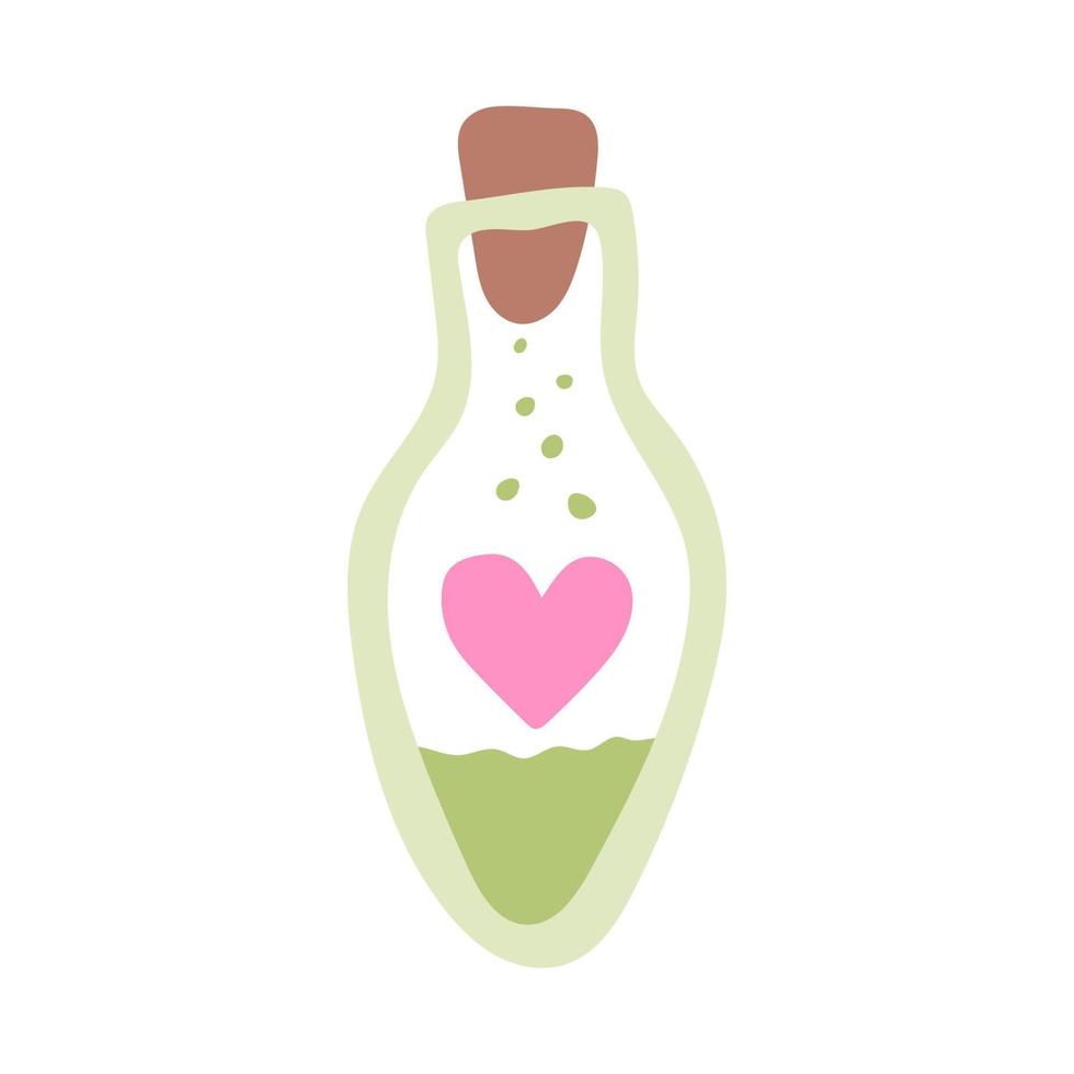 Glass bottle with love potion. Valentines Day Card. Vector illustration