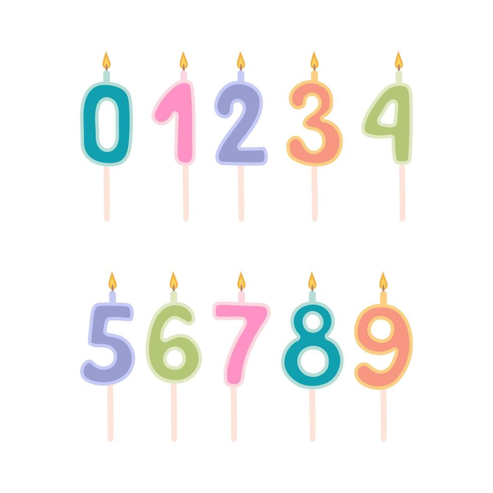 velas de pastel con los números 0, 1, 2, 3, 4, 5, 6, 7, 8 9 feliz cumpleaños tarjeta vector ilustración