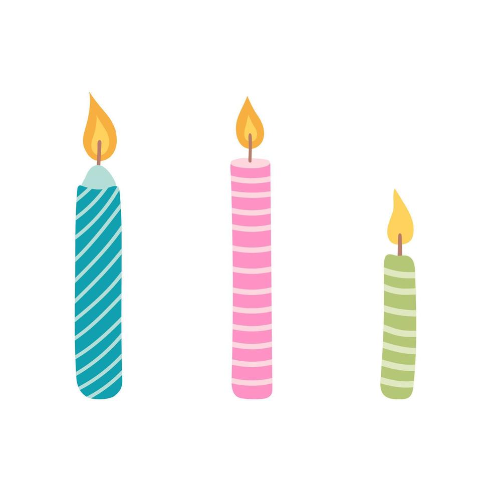 Burning Birthday Candles. A set of pastel striped candles for cake. happy birthday Card. Vector illustration