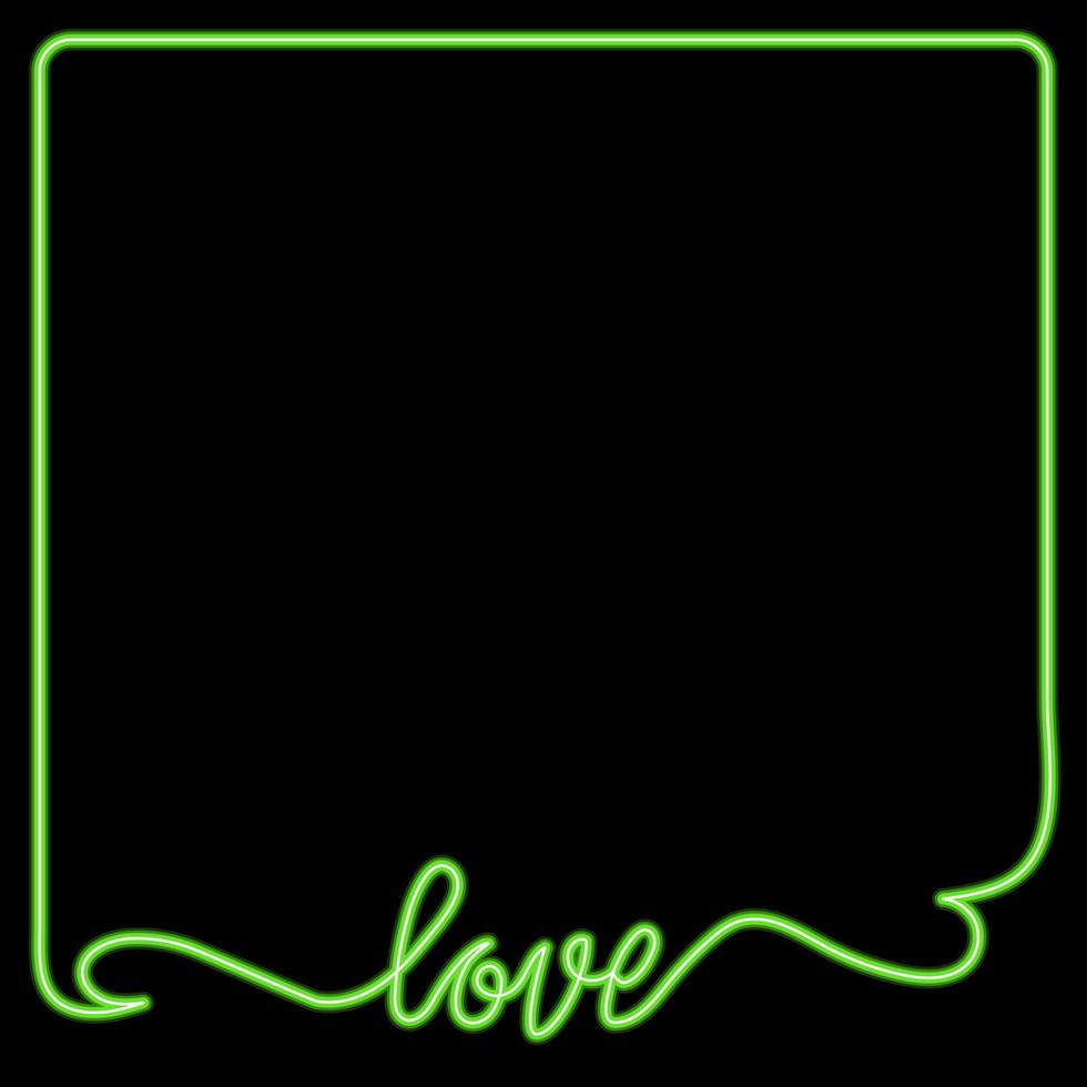 Neon inscription love on a black background with lines around the edges. Green lettering for printing on textiles and paper. Postcard, background. vector