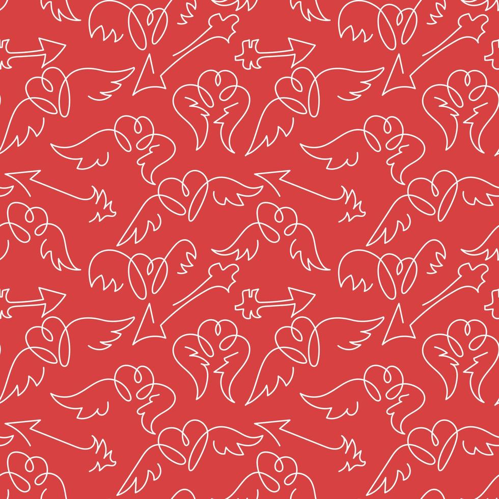 A pattern of hearts with wings in different poses. White contour lines on a pink background. Seamless pattern with repeating contour patterns. Suitable for printing on textiles and paper. Packaging vector