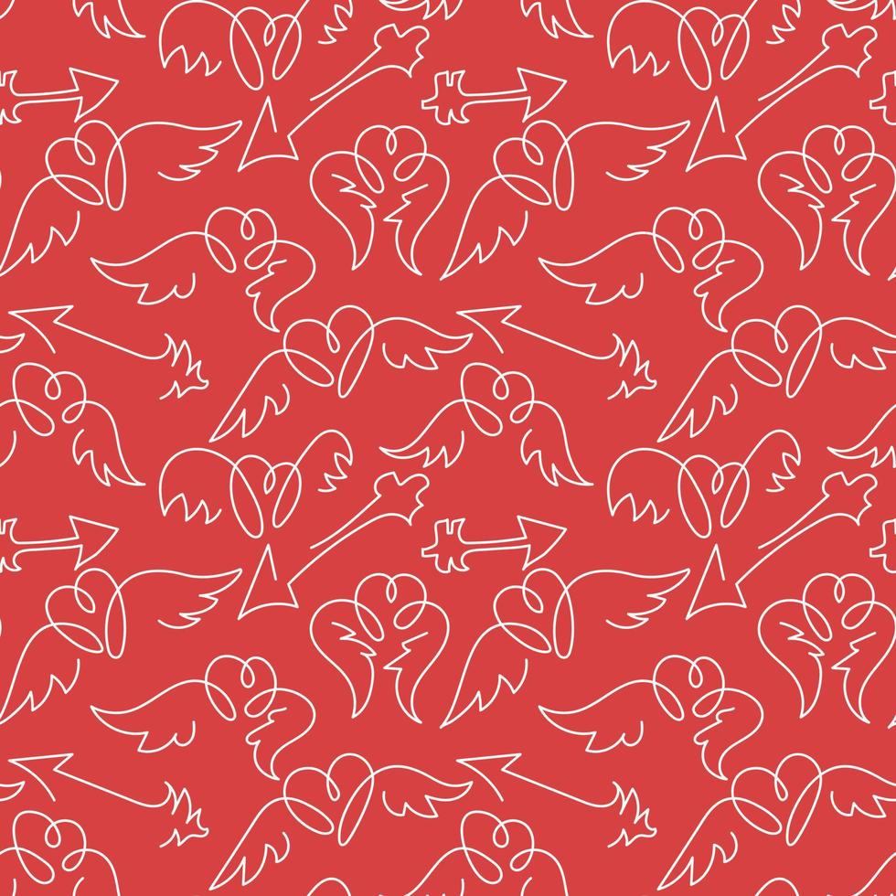 A pattern of hearts with wings in different poses. White contour lines on a pink background. Seamless pattern with repeating contour patterns. Suitable for printing on textiles and paper. Packaging vector