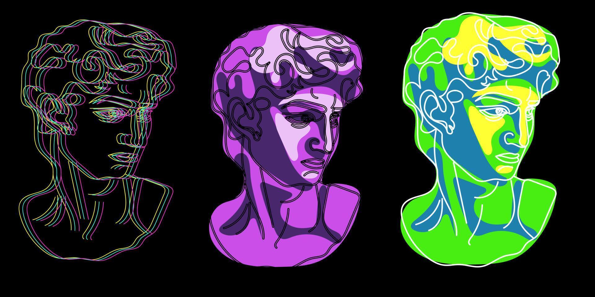 Rave psychedelic acid sculpture set statue of David and parts of the face. Parts of the sculpture in bright juicy color. Various antique statues. Mythical, ancient Greek style. Set Vector illustration