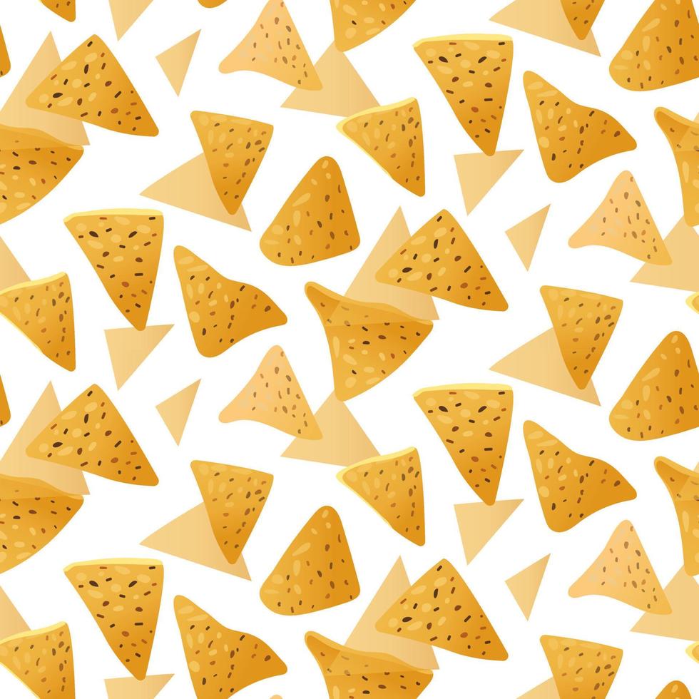 A pattern of falling Mexican nachos food on a white background with a shadow. Bright kitchen illustration. Suitable for printing on banners and flyers, restaurant menus, kitchen packaging vector